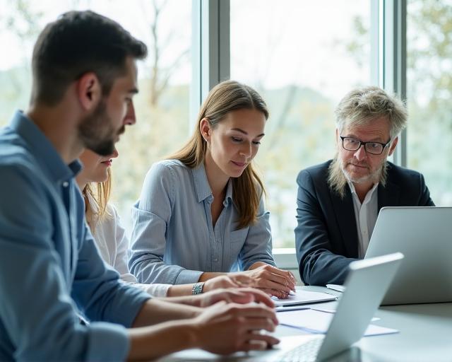 Team of professionals reviewing financial reports in a bright office